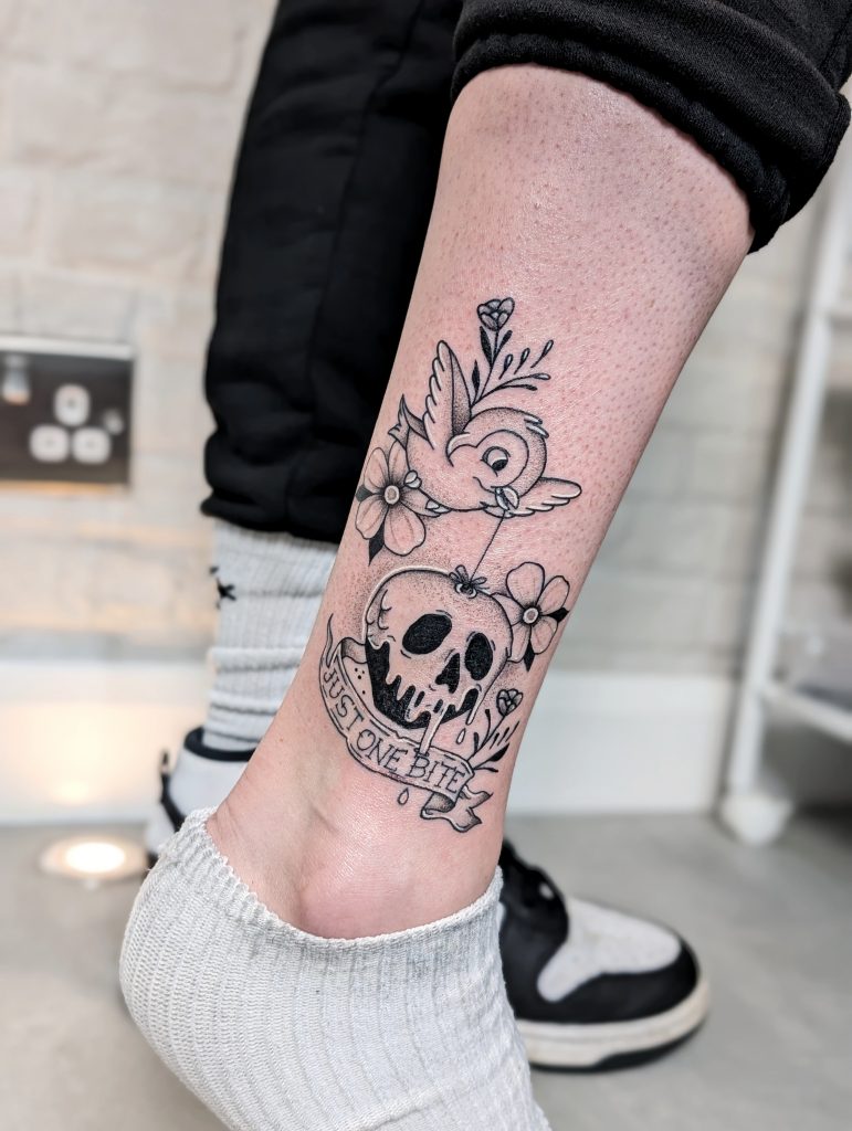 1000001400 Skull and floral leg tattoo by Leanne at Kimmer Ink Tattoo Studio in Eastleigh, Hampshire.