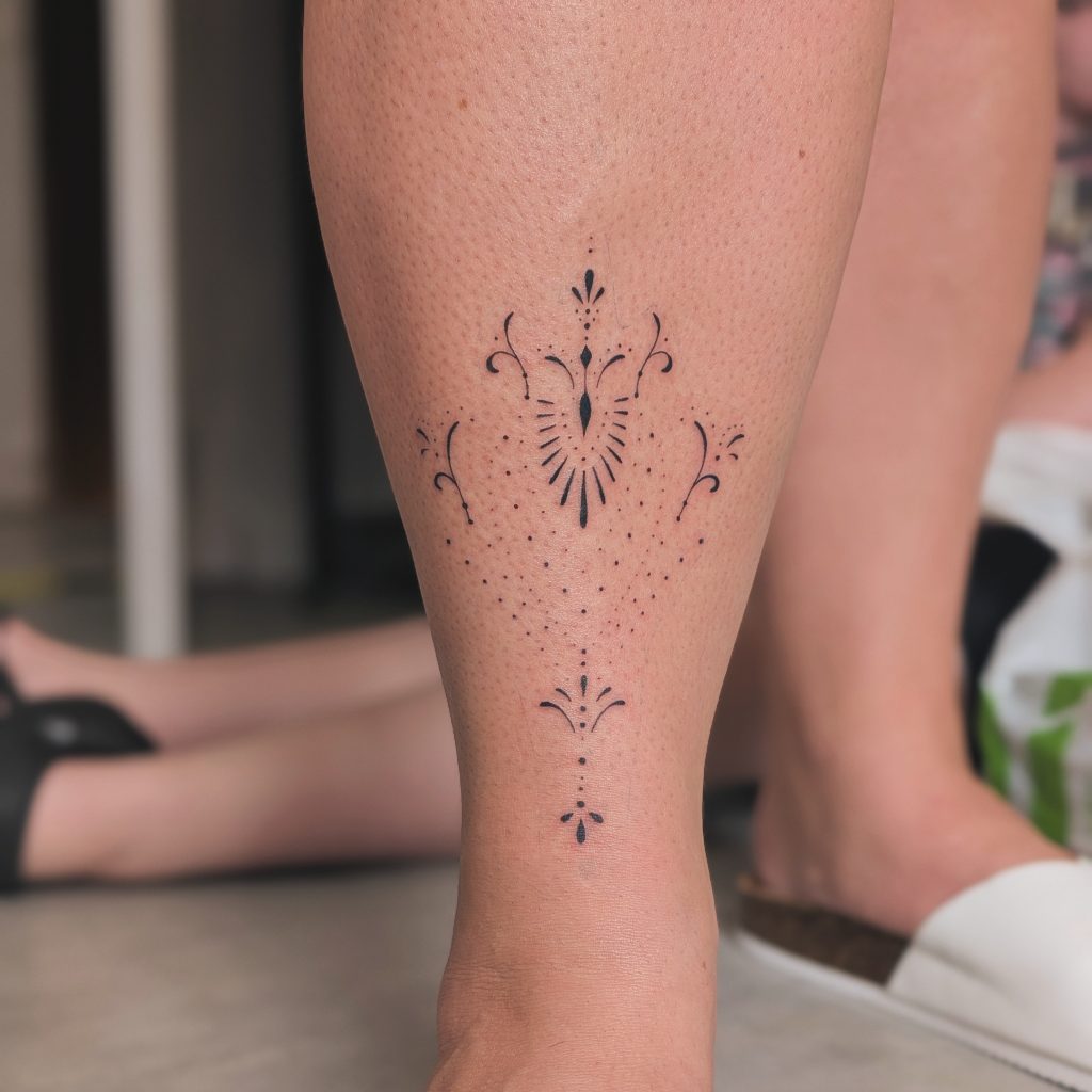 IMG_20250911_163321_534 Fine line dotwork leg tattoo by Leanne at Kimmer Ink Tattoo Studio in Eastleigh, Hampshire.