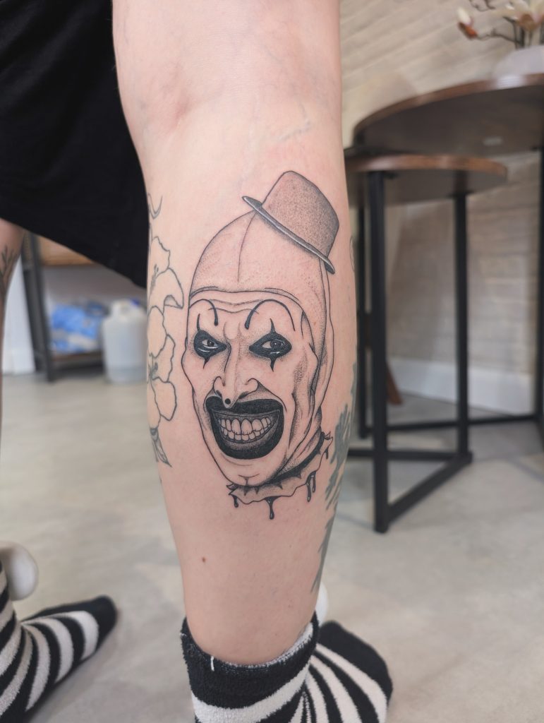 IMG_20250927_140706_655 Realistic portrait tattoo on leg by Leanne at Kimmer Ink Tattoo Studio in Eastleigh, Hampshire.