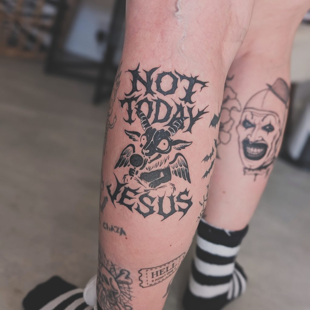 IMG_20250927_141419_646 Horror themed "Not Today Jesus" script and devil tattoo by Leanne at Kimmer Ink Tattoo Studio in Eastleigh, Hampshire.